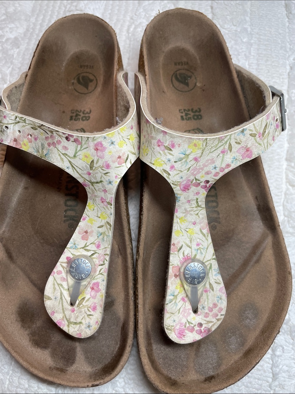 Birkenstock Floral Print Thong Sandals in White with Pink & Yellow Flowers